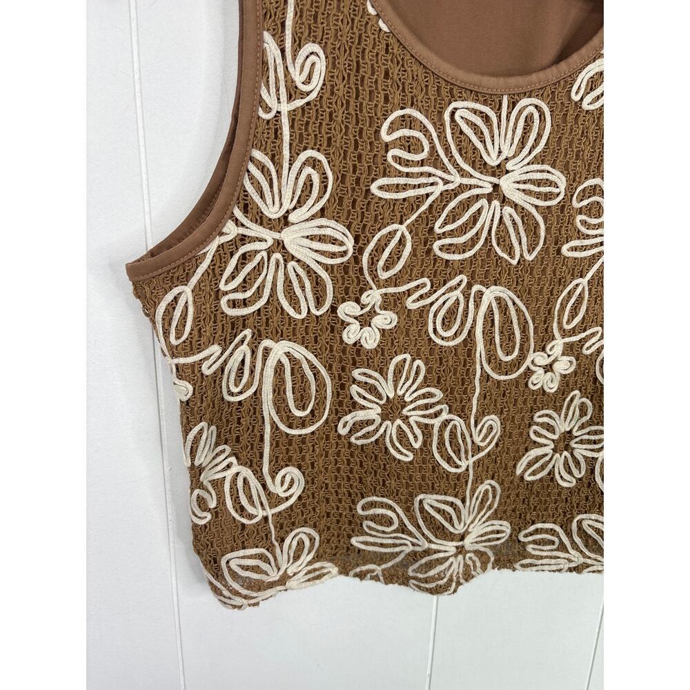 Floral Crochet Cropped Tank Top Large Tan White Wildflower Boho Beach Cottage - Picture 3 of 7